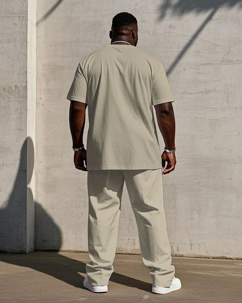 Big & Tall Khaki Colorblock Graphic T-Shirt Pants Set for big men view 4