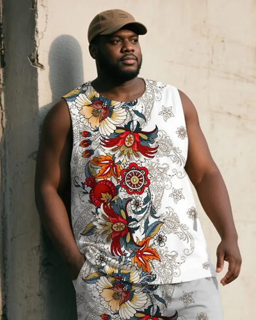 Big and tall white sleeveless tank top with red orange and blue-green floral design close front view