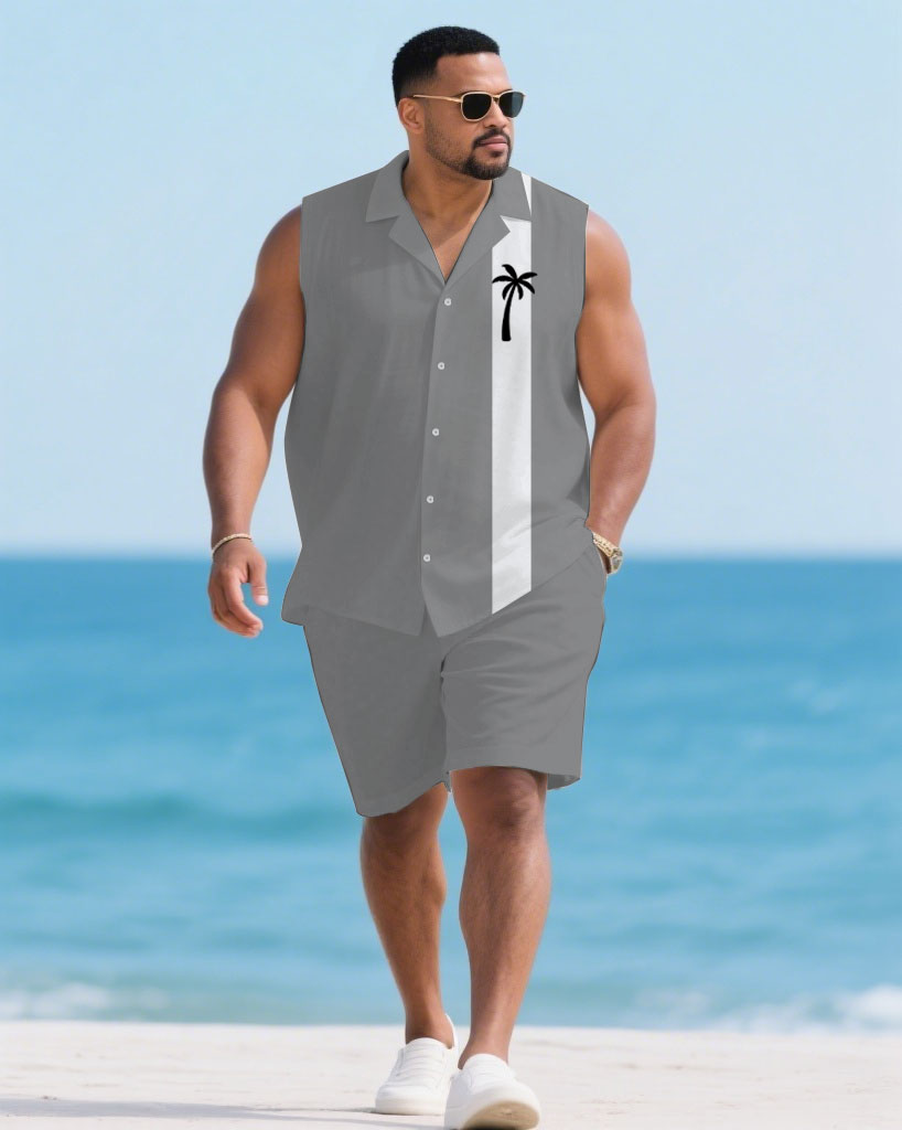 Big & Tall White Gray Hawaiian T-Shirt Shorts Set for big men view 1