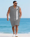 Big & Tall White Gray Hawaiian T-Shirt Shorts Set for big men view 1