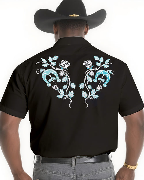 Big & Tall Black Western Floral Short Sleeve Shirt for big men view 1