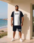 Big & Tall White Blue Graphic T-Shirt Shorts Set for big men view 1