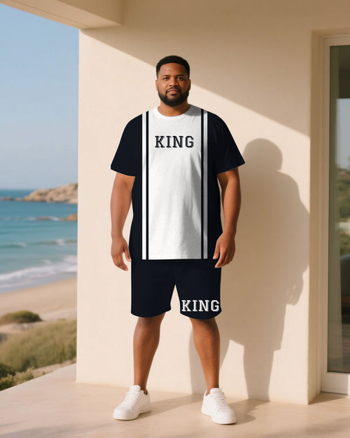 Big & Tall White Blue Graphic T-Shirt Shorts Set for big men view 1