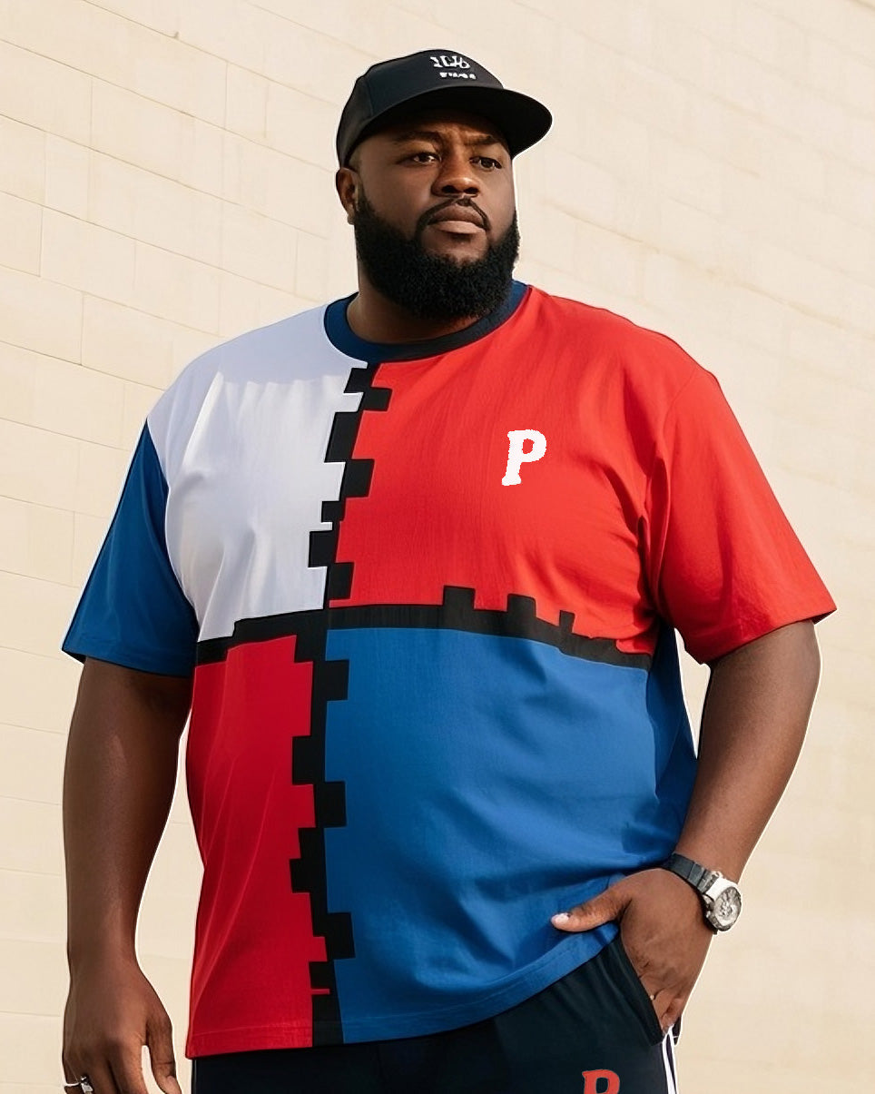Big & Tall White Blue Geometric T-Shirt Pants Set for big men view 2