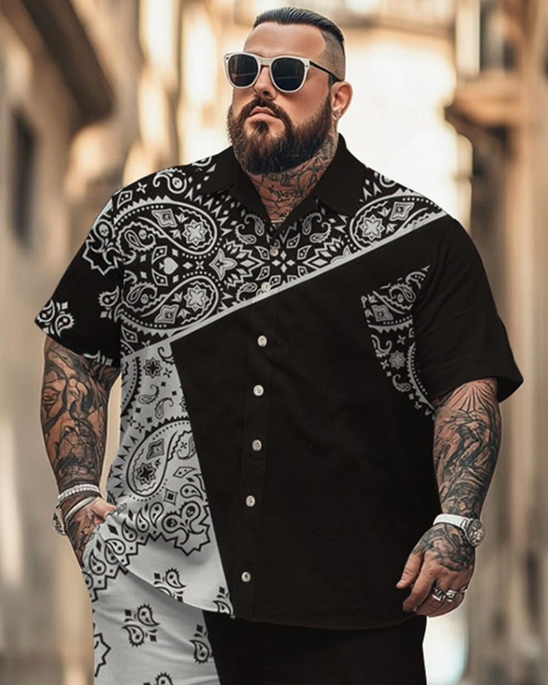Big & Tall Black White Colorblock T-Shirt Shorts Set for big men view 2