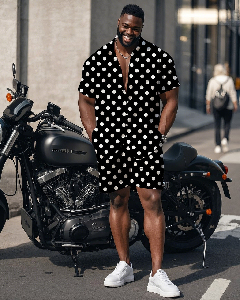 Big & Tall Black White Streetwear T-Shirt Shorts Set for big men view 1