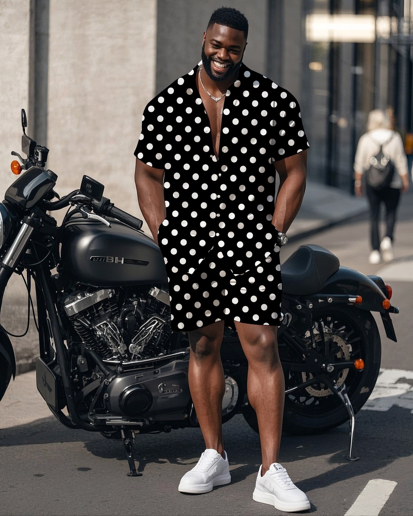 Big & Tall Black White Streetwear T-Shirt Shorts Set for big men view 1
