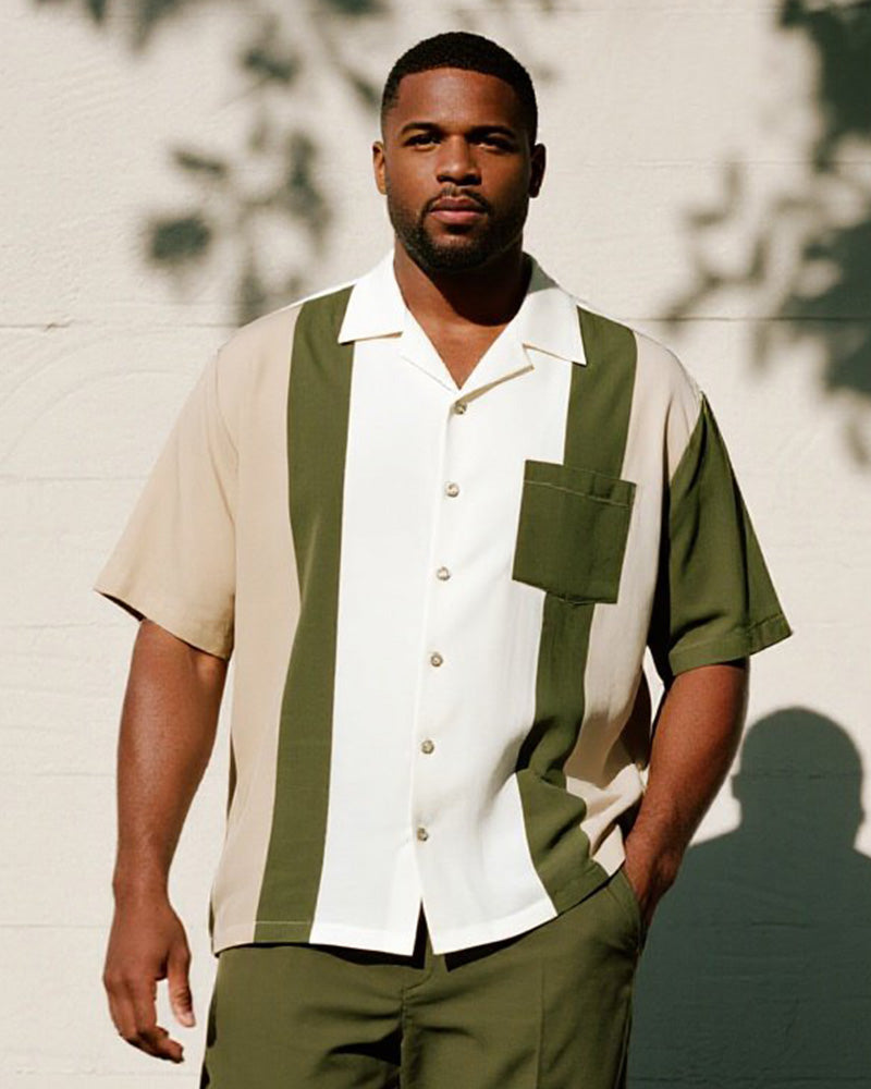 Big & Tall Green Colorblock Striped T-Shirt Pants Set for big men view 2