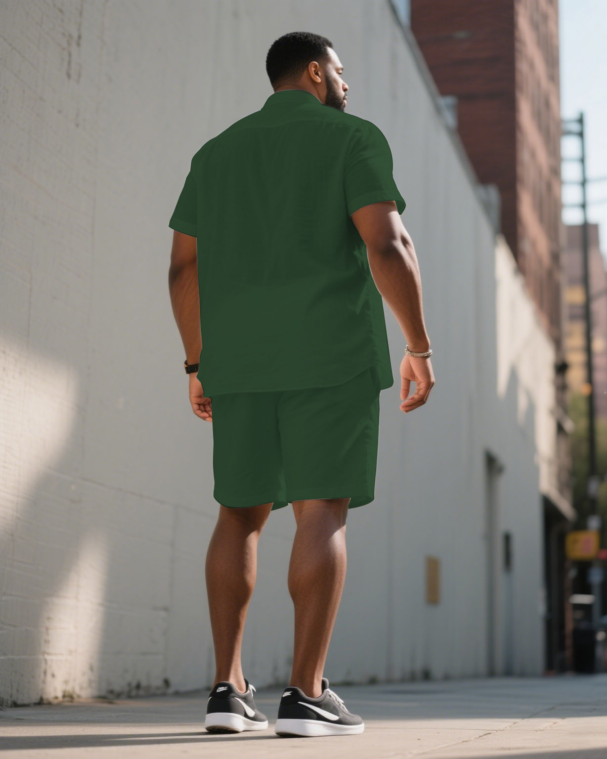 Big & Tall White Green Colorblock T-Shirt Shorts Set for big men view 4