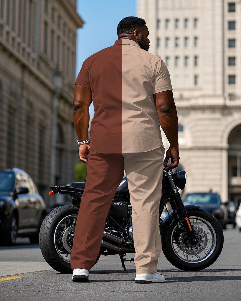Big & Tall Brown Khaki Colorblock T-Shirt Pants Set for big men view 4