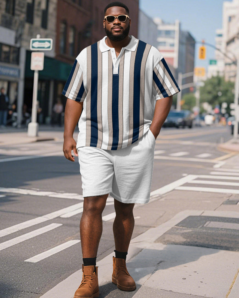 Big & Tall White Blue Striped Polo Shorts Set for big men view 1