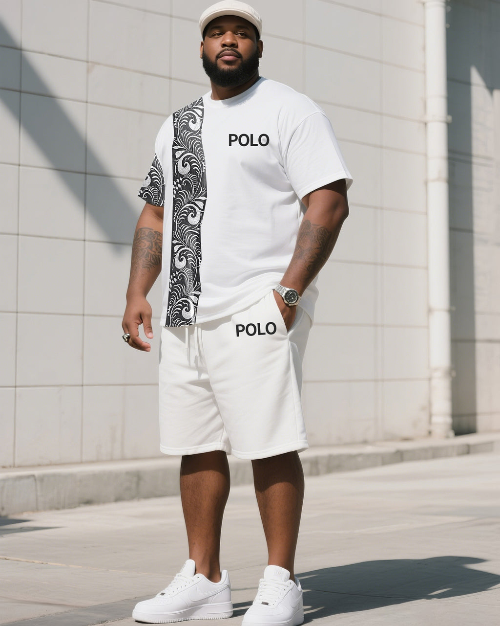 Big & Tall White Striped Graphic T-Shirt Shorts Set for big men view 1