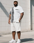 Big & Tall White Striped Graphic T-Shirt Shorts Set for big men view 1