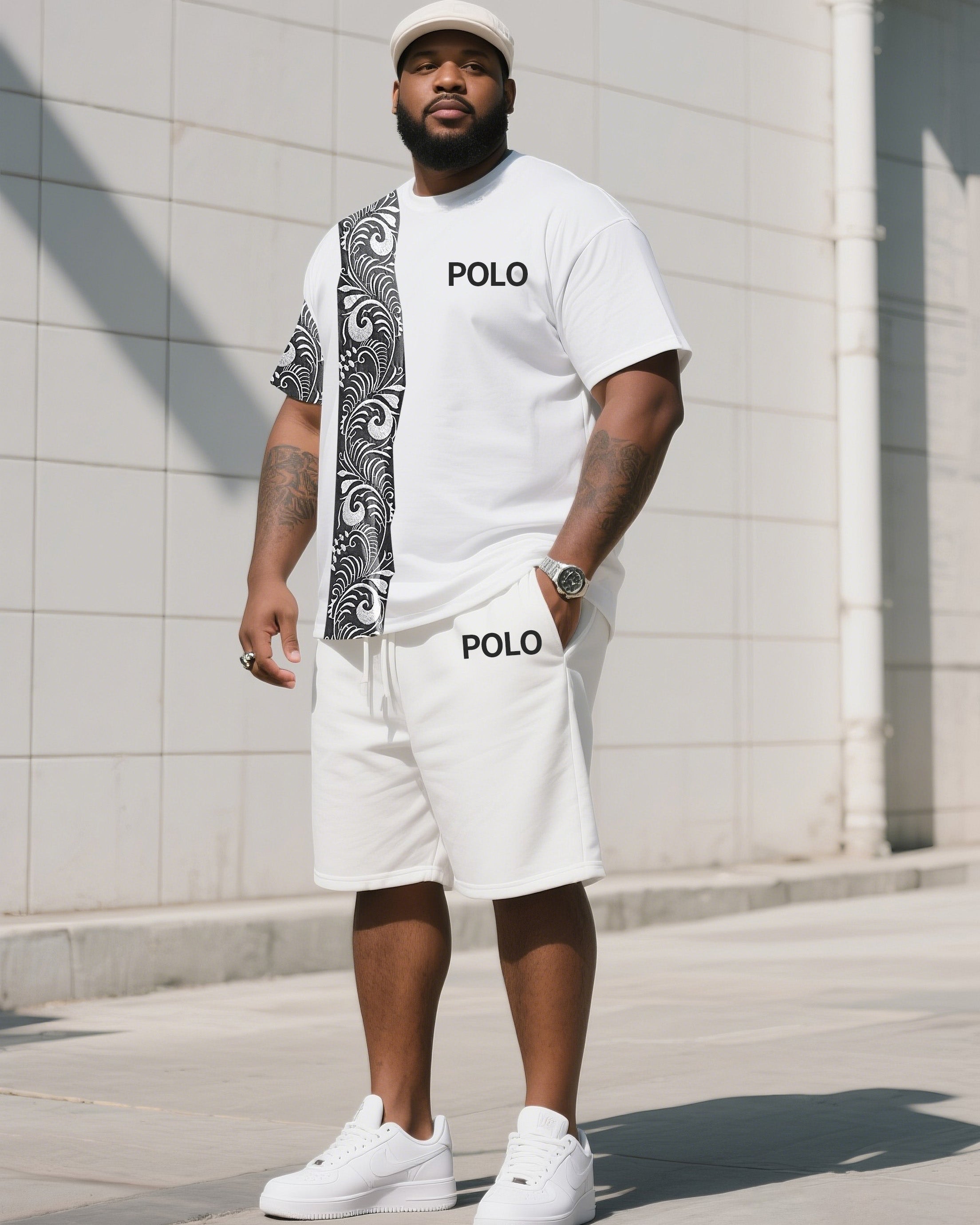 Big & Tall White Striped Graphic T-Shirt Shorts Set for big men view 1