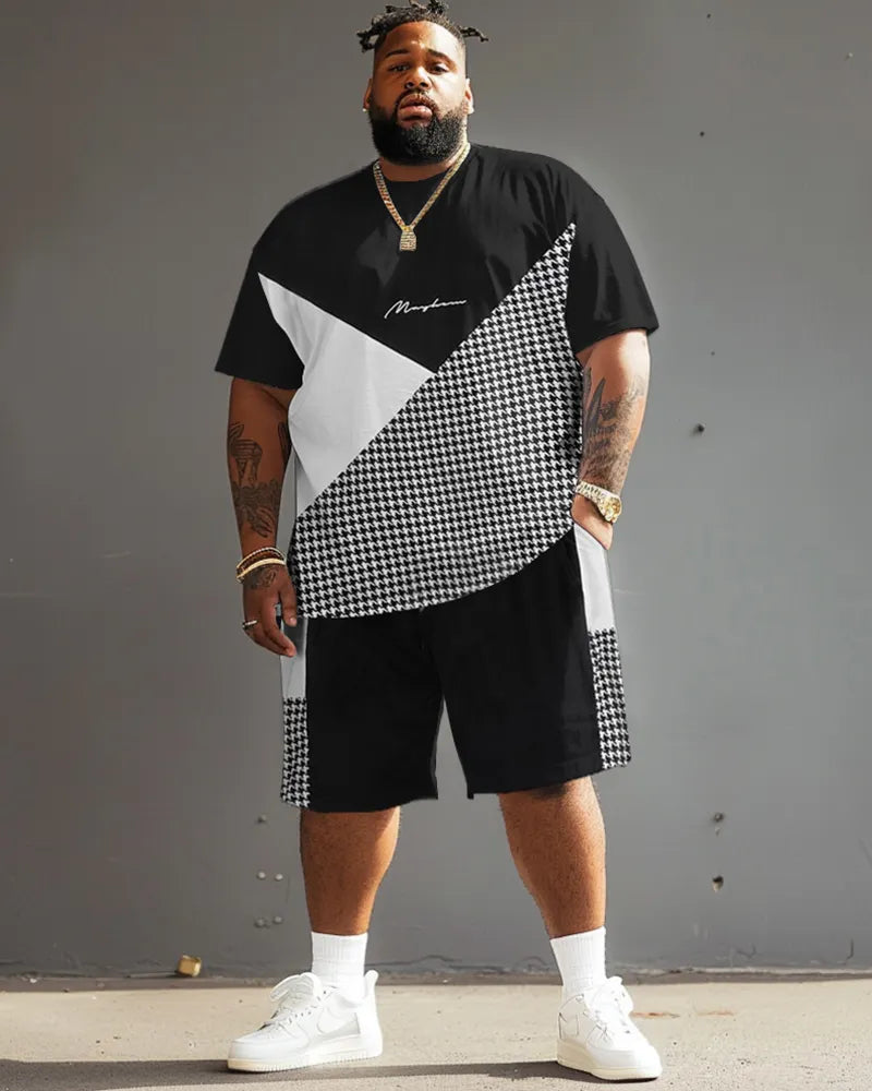 Big & Tall Black White Graphic T-Shirt Shorts Set for big men view 2