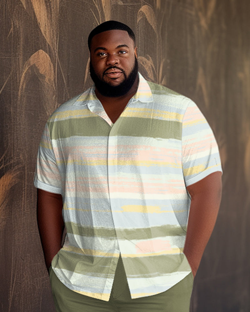 Big & Tall Green Colorblock Shirt Pants Set for big men view 2