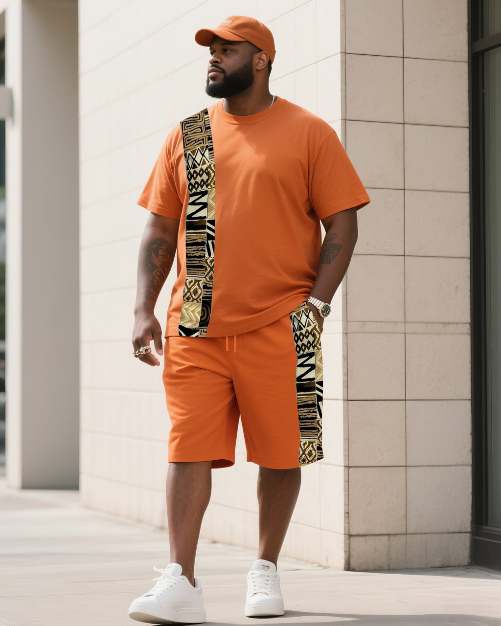 Big & Tall Orange Striped Graphic T-Shirt Shorts Set for big men view 1