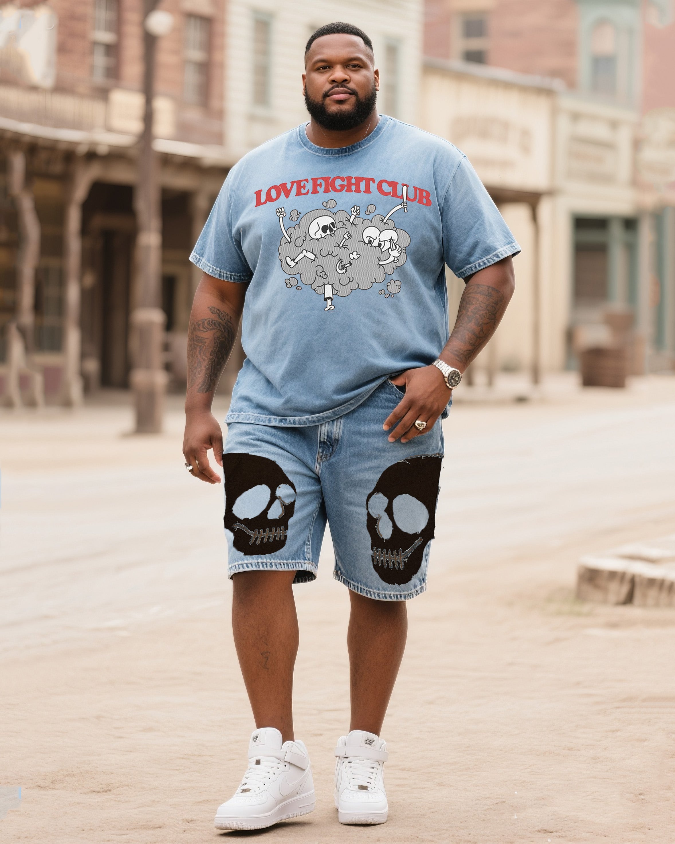 Big & Tall Denim Graphic T-Shirt Shorts Set for big men view 1