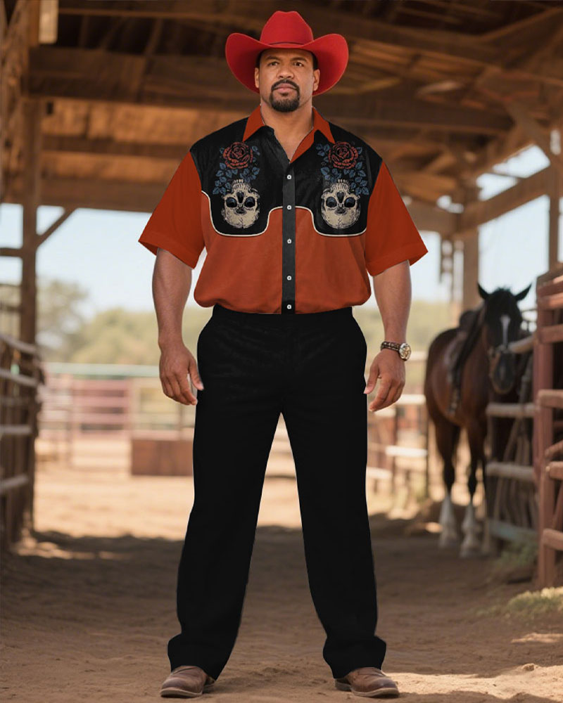 Big & Tall Black Red Western T-Shirt Pants Set for big men view 1