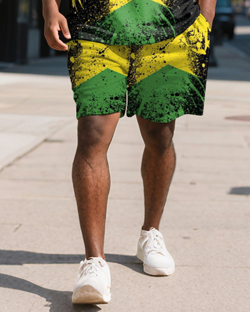 Big & Tall Black Green Colorblock Polo Shorts Set for big men view 3