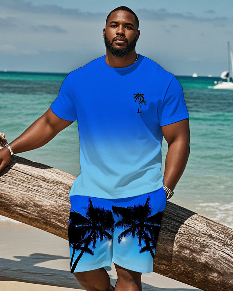 Big & Tall Blue Hawaiian Gradient T-Shirt Shorts Set for big men view 1