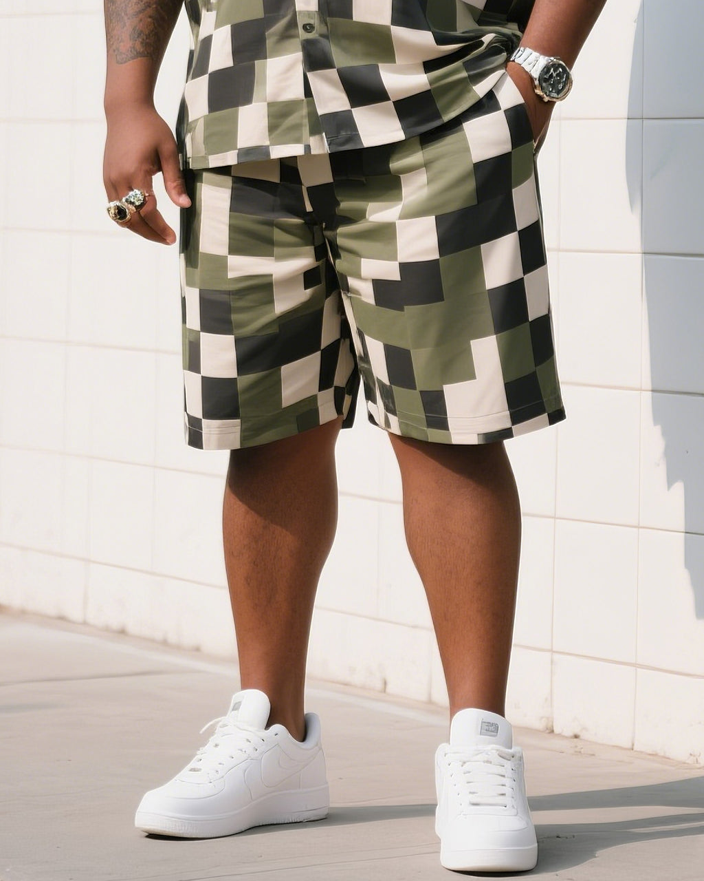 Big & Tall Plaid Camouflage T-Shirt Shorts Set for big men view 3