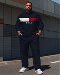 Big & Tall Blue Colorblock Striped Polo Pants Set for big men view 1