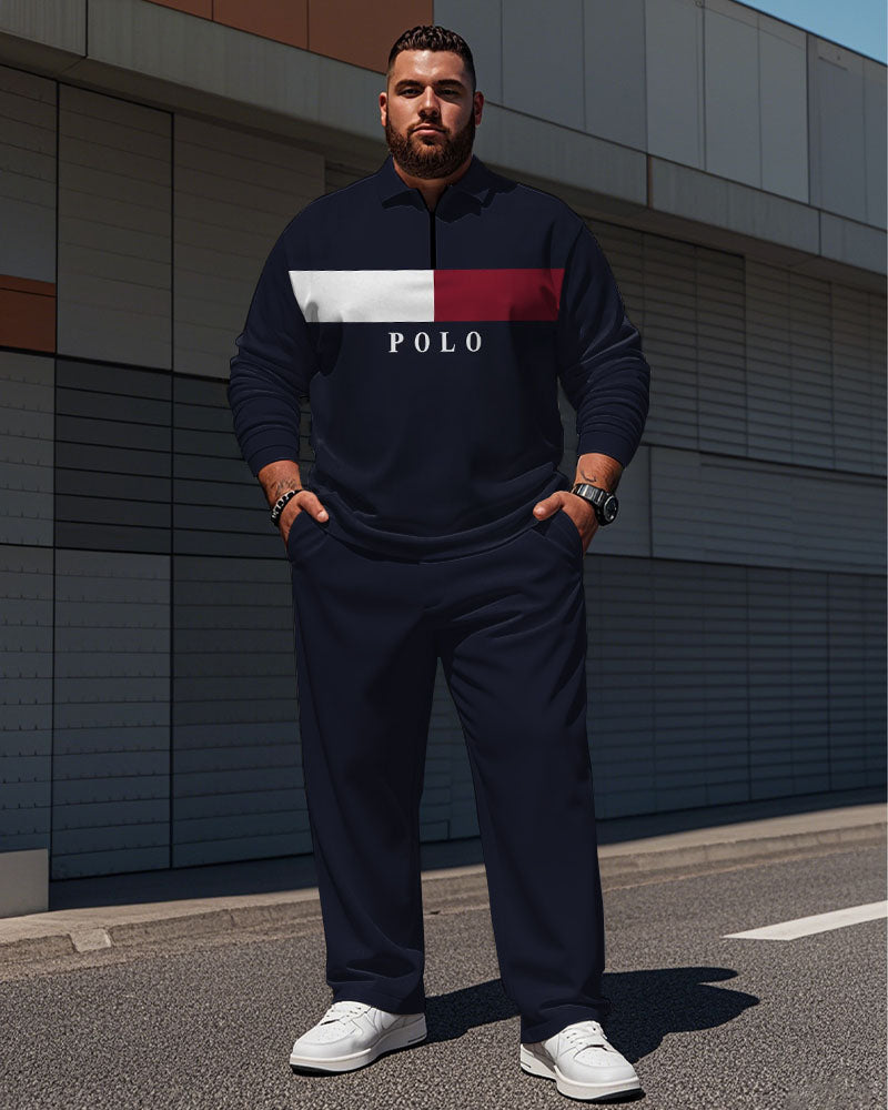 Big & Tall Blue Colorblock Striped Polo Pants Set for big men view 1