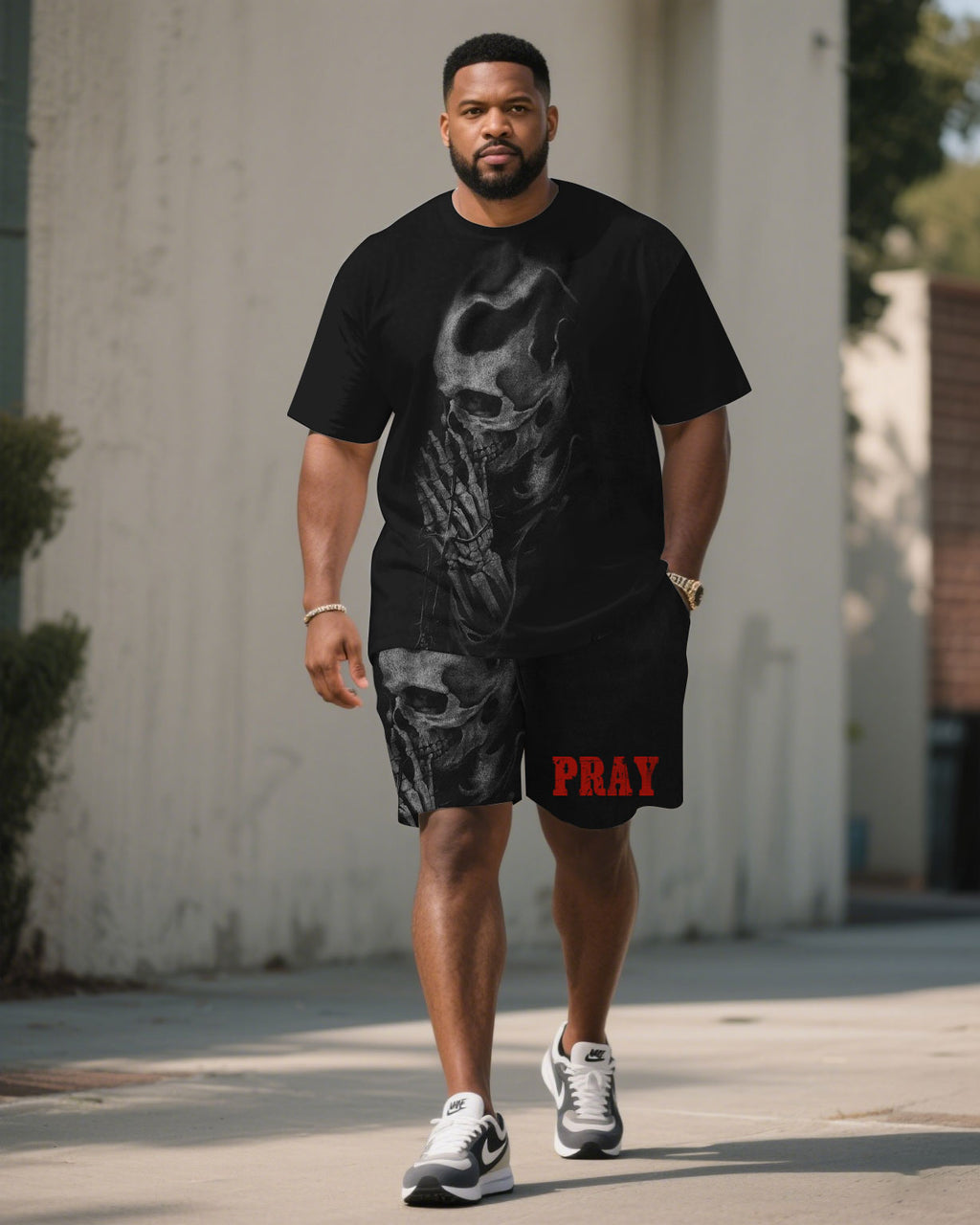 Big & Tall Black Graphic Skull T-Shirt Shorts Set for big men view 1