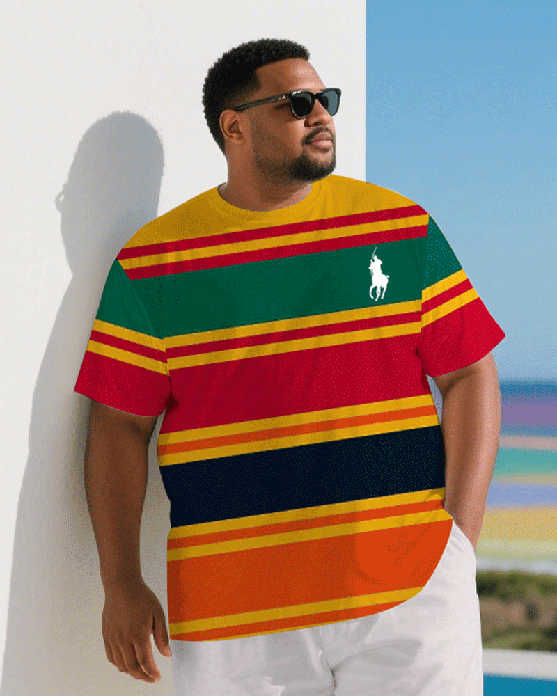 Big & Tall Red Yellow Striped T-Shirt Shorts Set for big men view 2