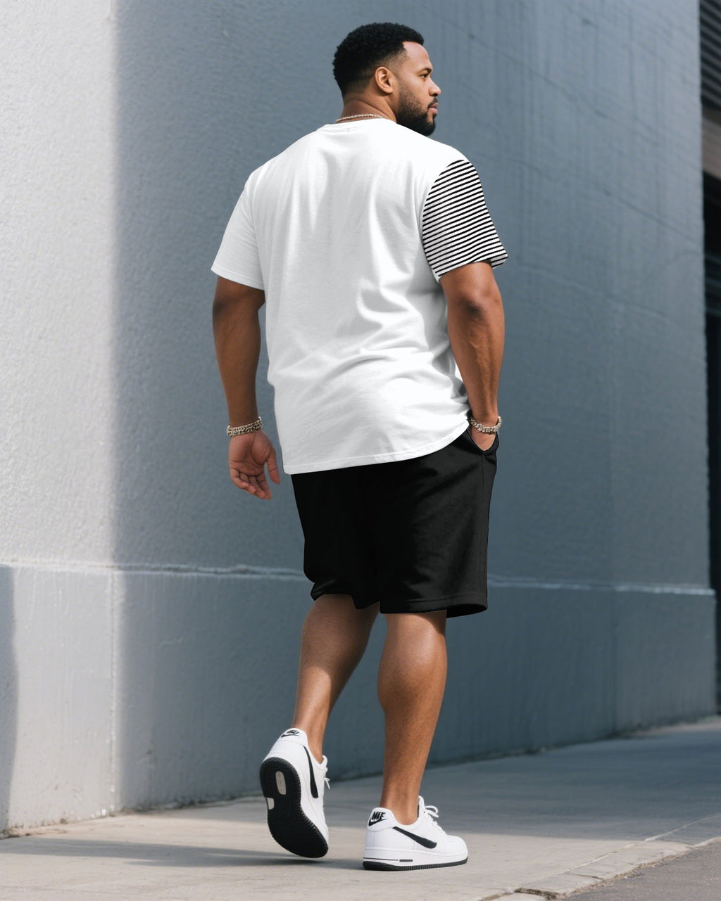 Big & Tall Black White Striped T-Shirt Shorts Set for big men view 4