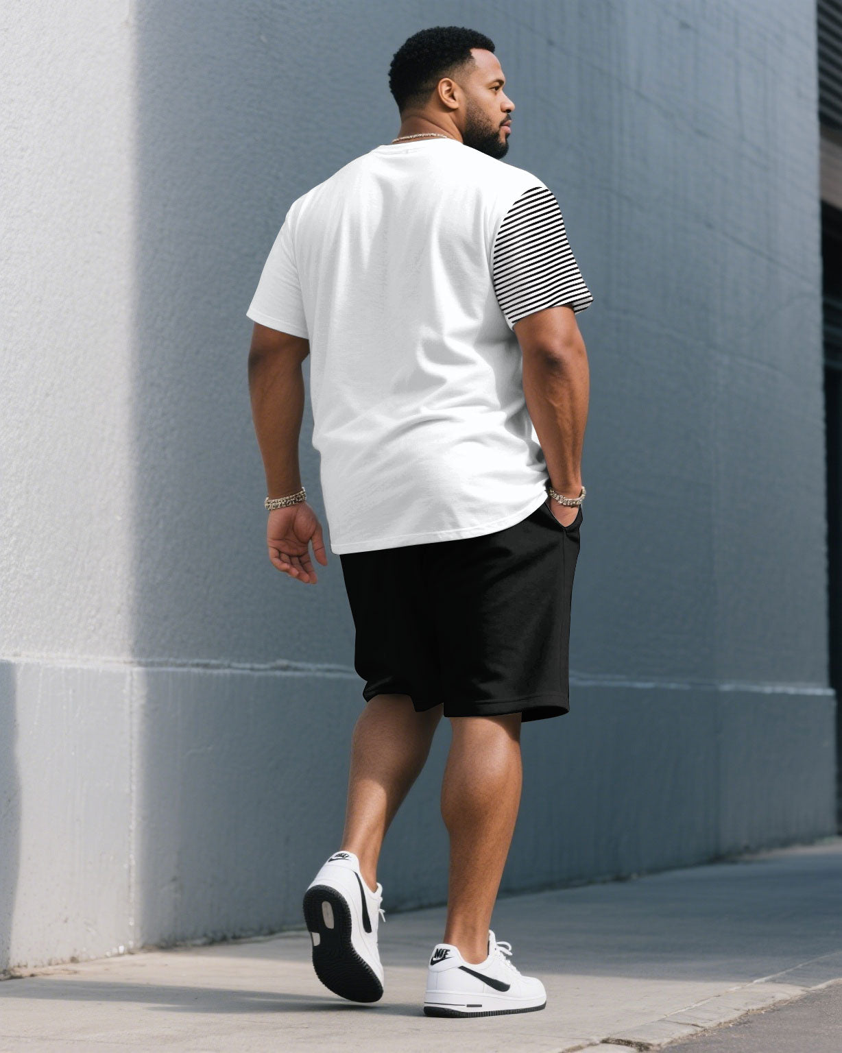 Big & Tall Black White Striped T-Shirt Shorts Set for big men view 4