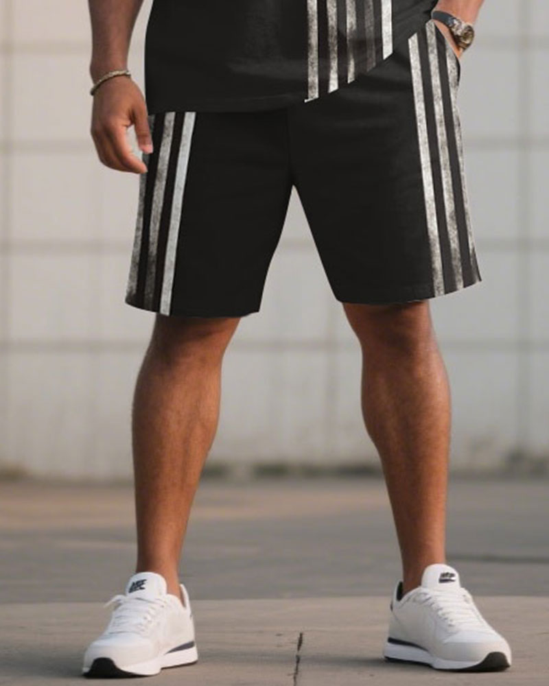 Big & Tall Black Striped T-Shirt Shorts Set for big men view 3