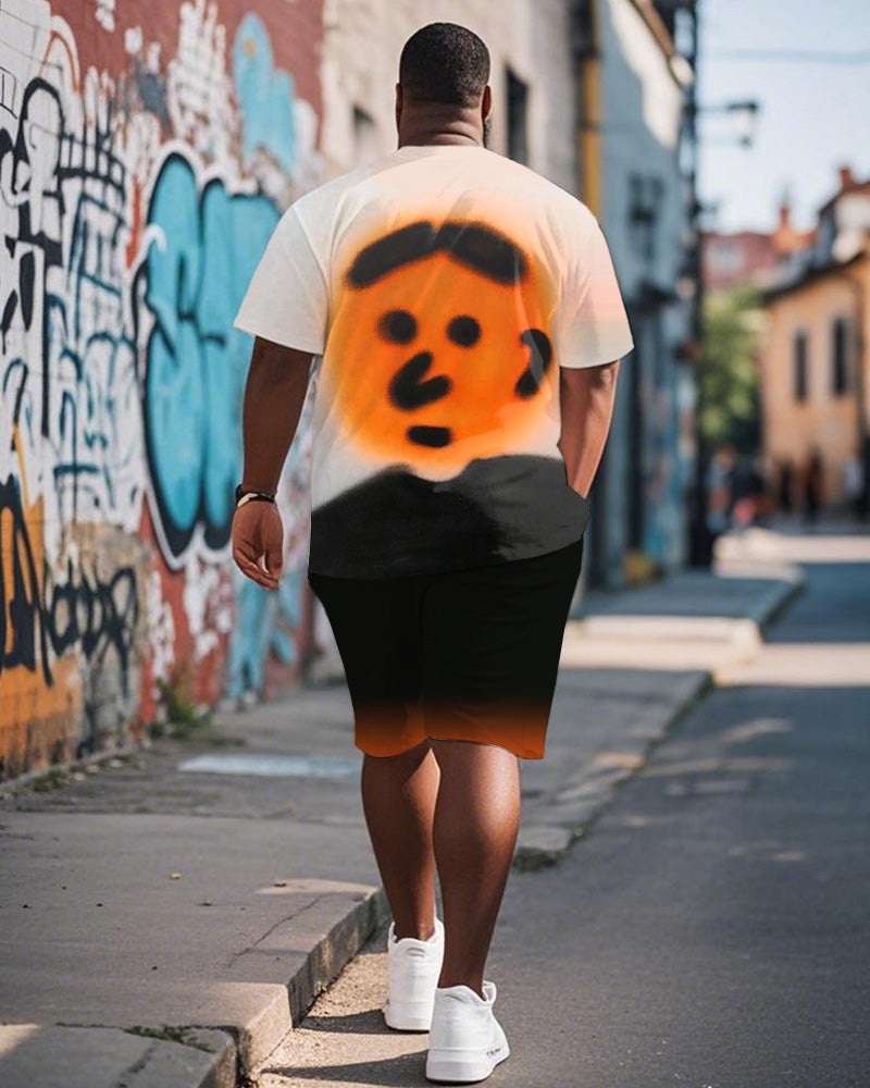 Big & Tall Orange Graphic Graffiti T-Shirt Shorts Set for big men view 4