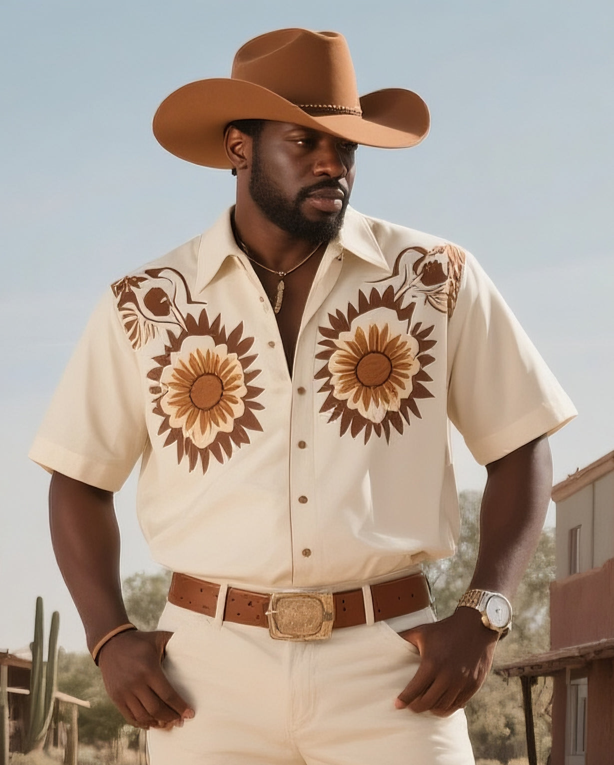 Big & Tall Western Denim Graphic Short Sleeve Shirt for big men