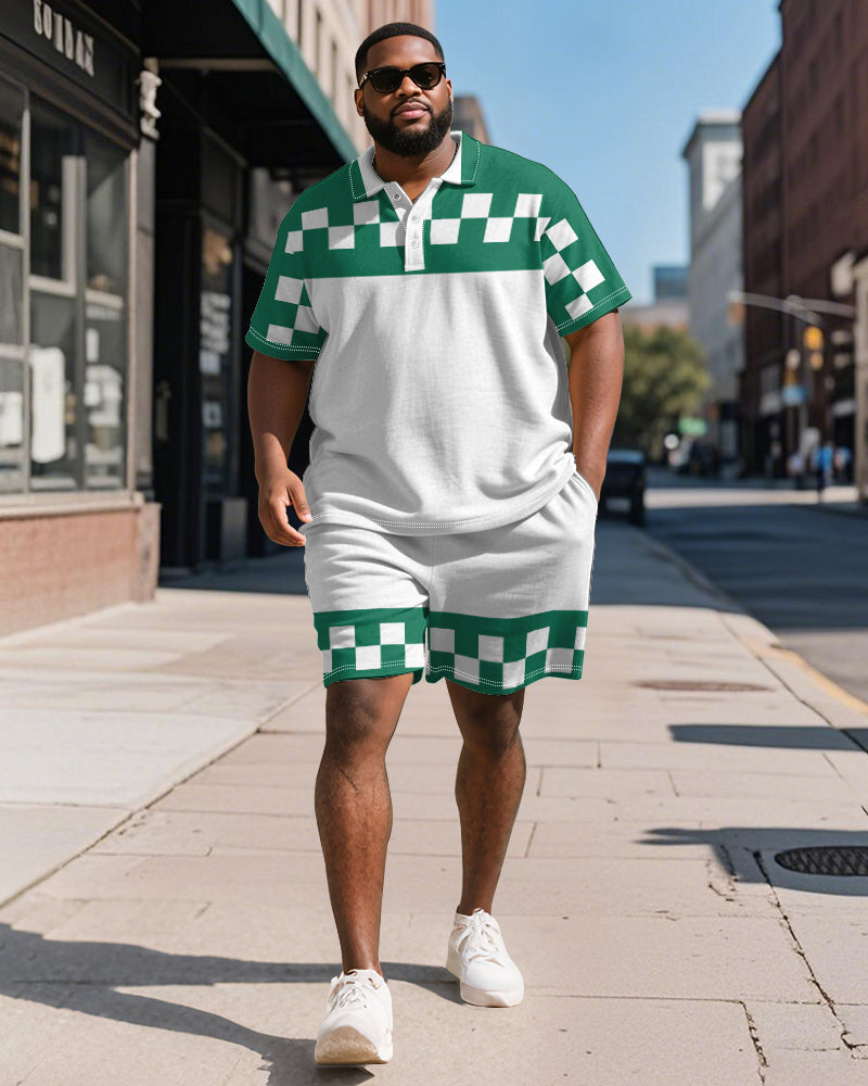 Big & Tall Blue Colorblock Graphic Polo Shorts Set for big men view 3