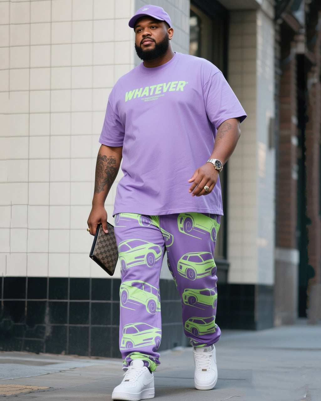 Big & Tall Green Graphic Streetwear Two-piece Set for big men view 2