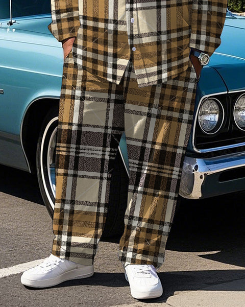 Big & Tall Brown Plaid T-Shirt Pants Set for big men view 3
