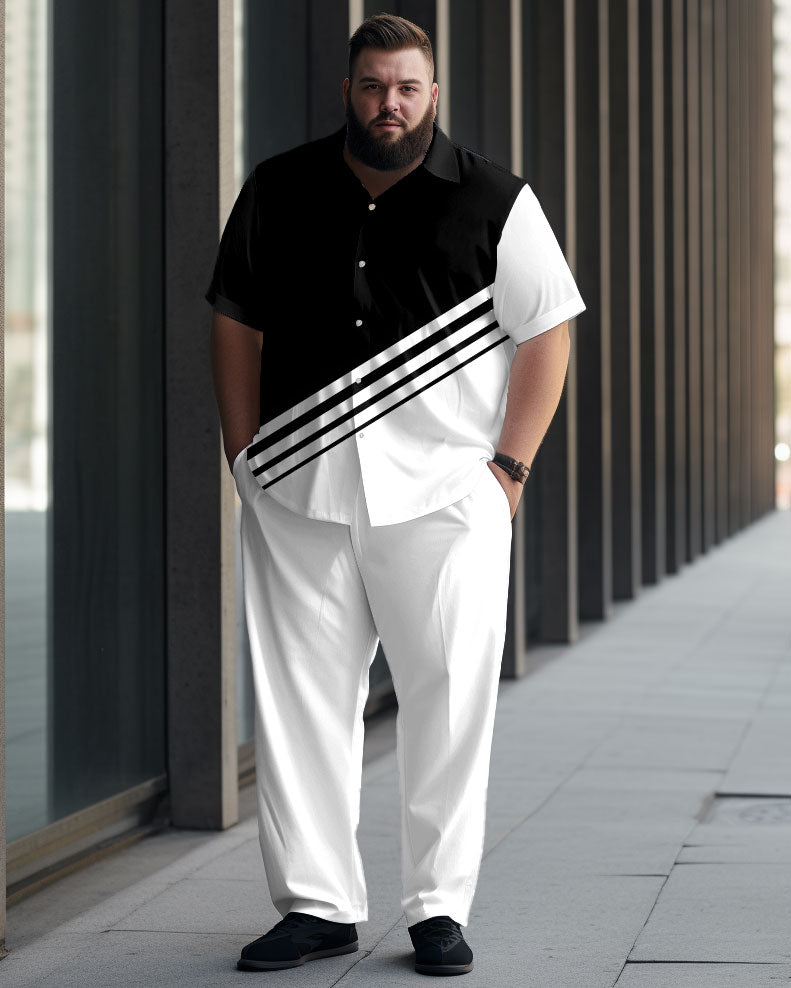 Big & Tall Black White Colorblock Shirt Shorts Set for big men view 1