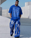 Big & Tall Blue Geometric Graphic T-Shirt Pants Set for big men view 1
