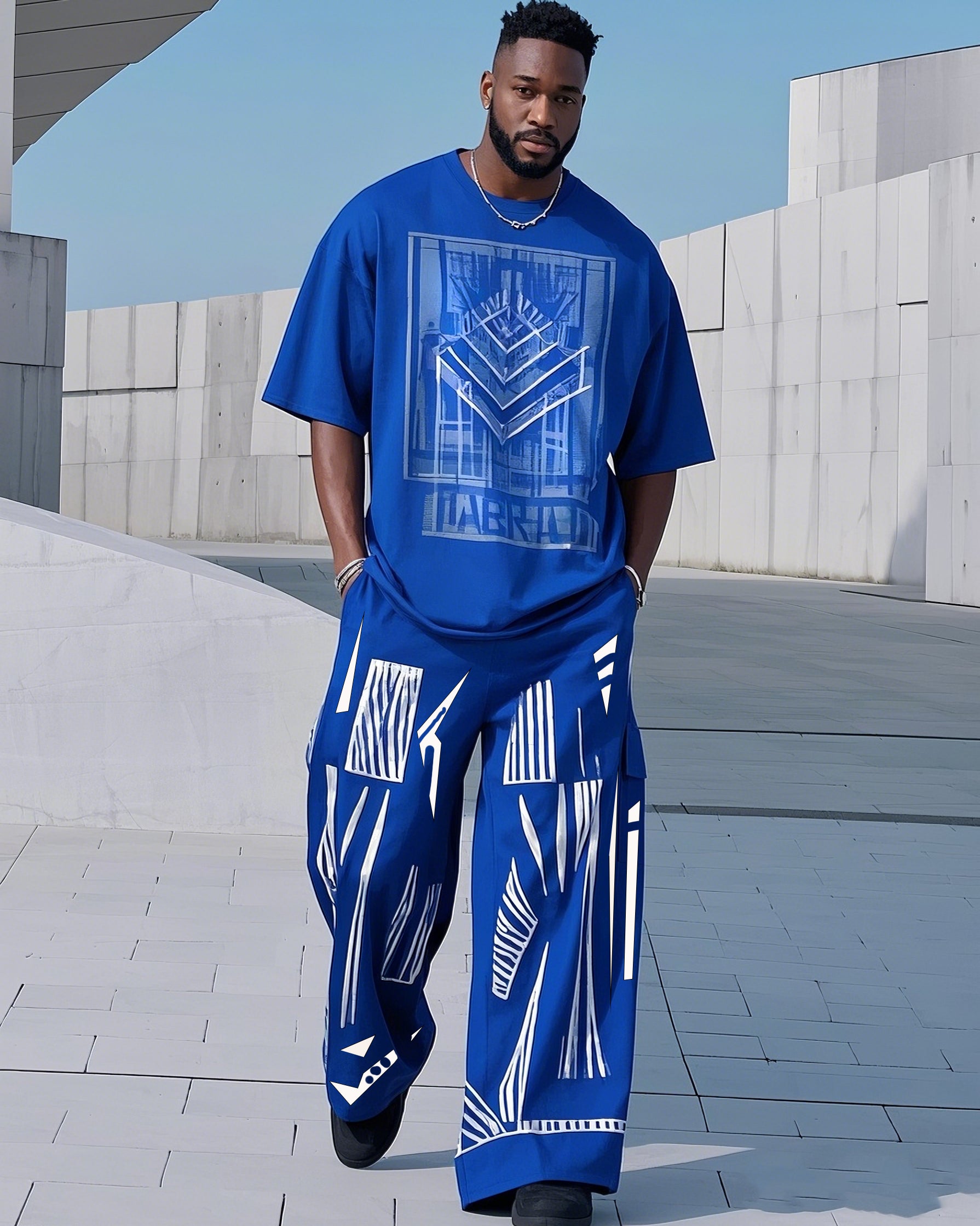 Big & Tall Blue Geometric Graphic T-Shirt Pants Set for big men view 1