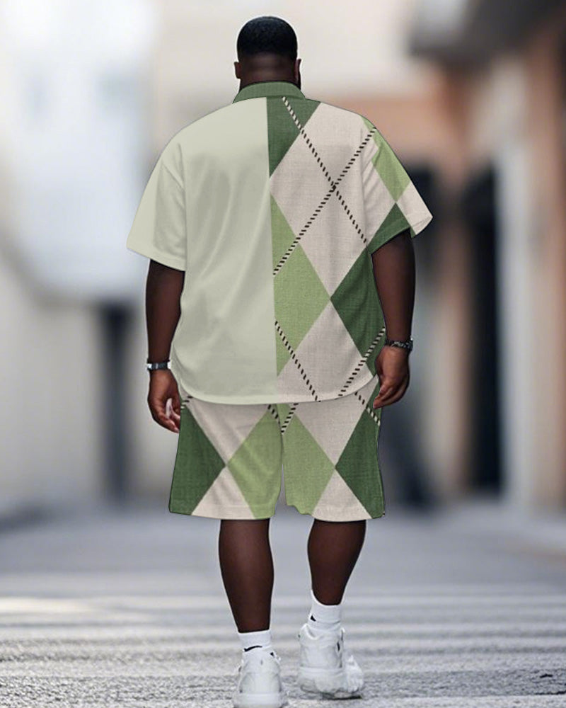 Big & Tall Green Graphic Patchwork T-Shirt Shorts Set for big men view 4
