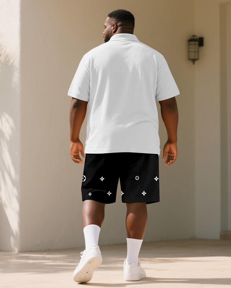 Big & Tall Black White Geometric Polo Shorts Set for big men view 4