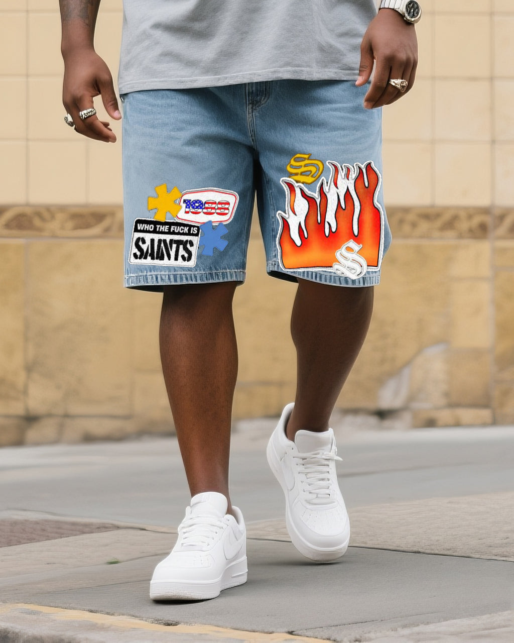 Big & Tall Denim Streetwear T-Shirt Shorts Set for big men view 3