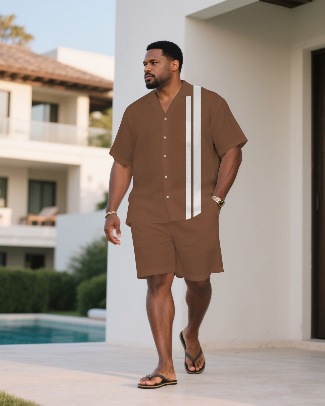 Big & Tall White Brown Colorblock T-Shirt Shorts Set for big men view 1