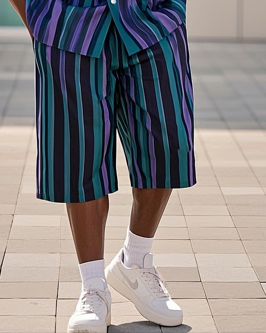 Big & Tall Purple Green Colorblock T-Shirt Shorts Set for big men view 3