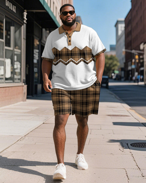 Big & Tall Brown Colorblock Graphic Polo Shorts Set for big men view 1