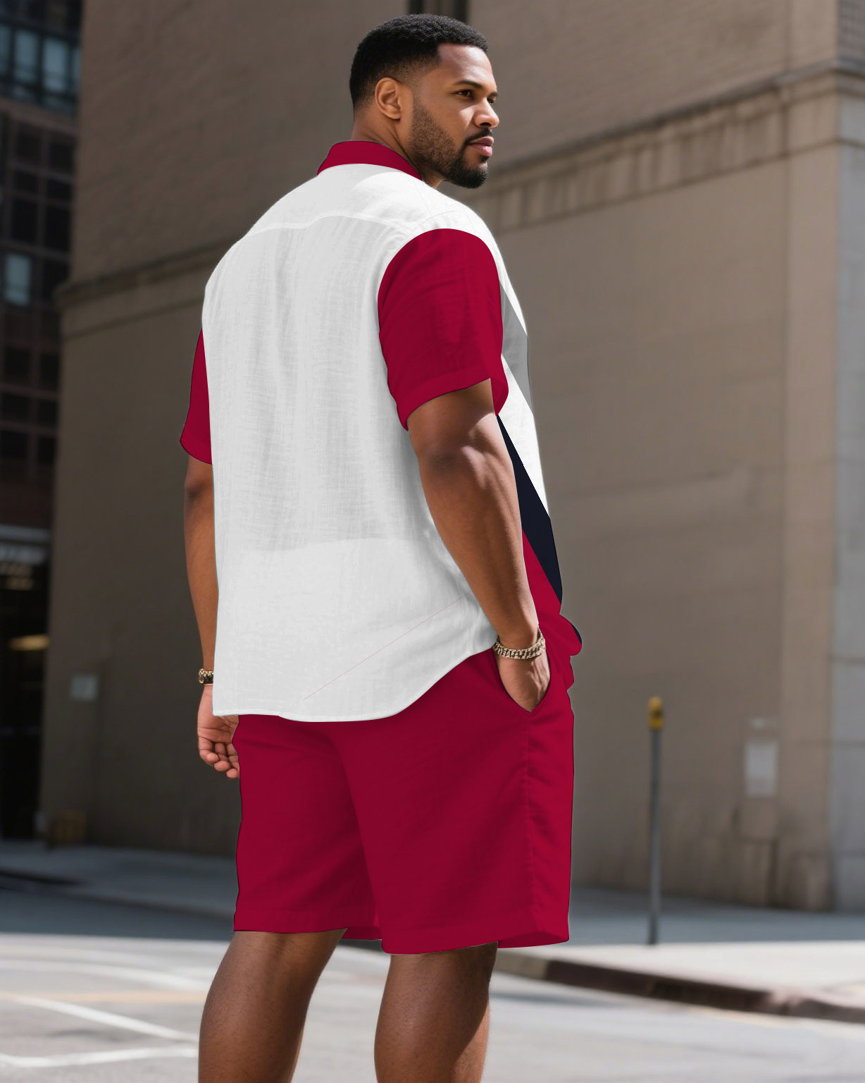 Big & Tall White Red Colorblock T-Shirt Shorts Set for big men view 4
