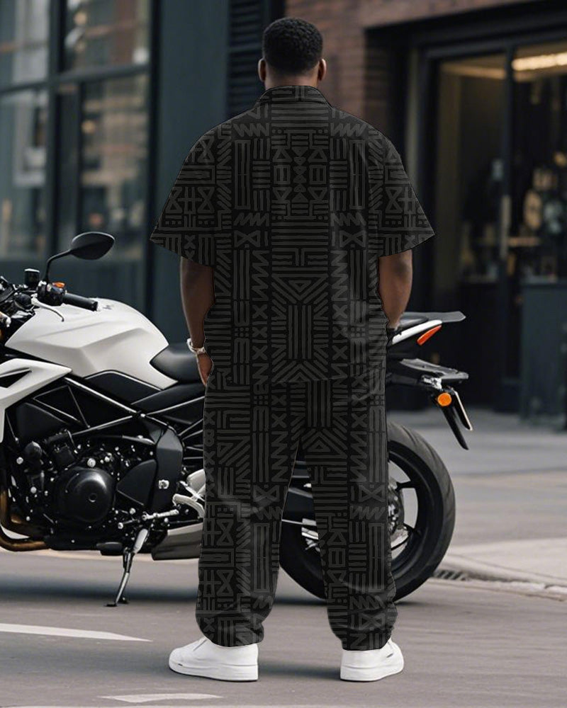Big & Tall Black Geometric Graphic T-Shirt Pants Set for big men view 4