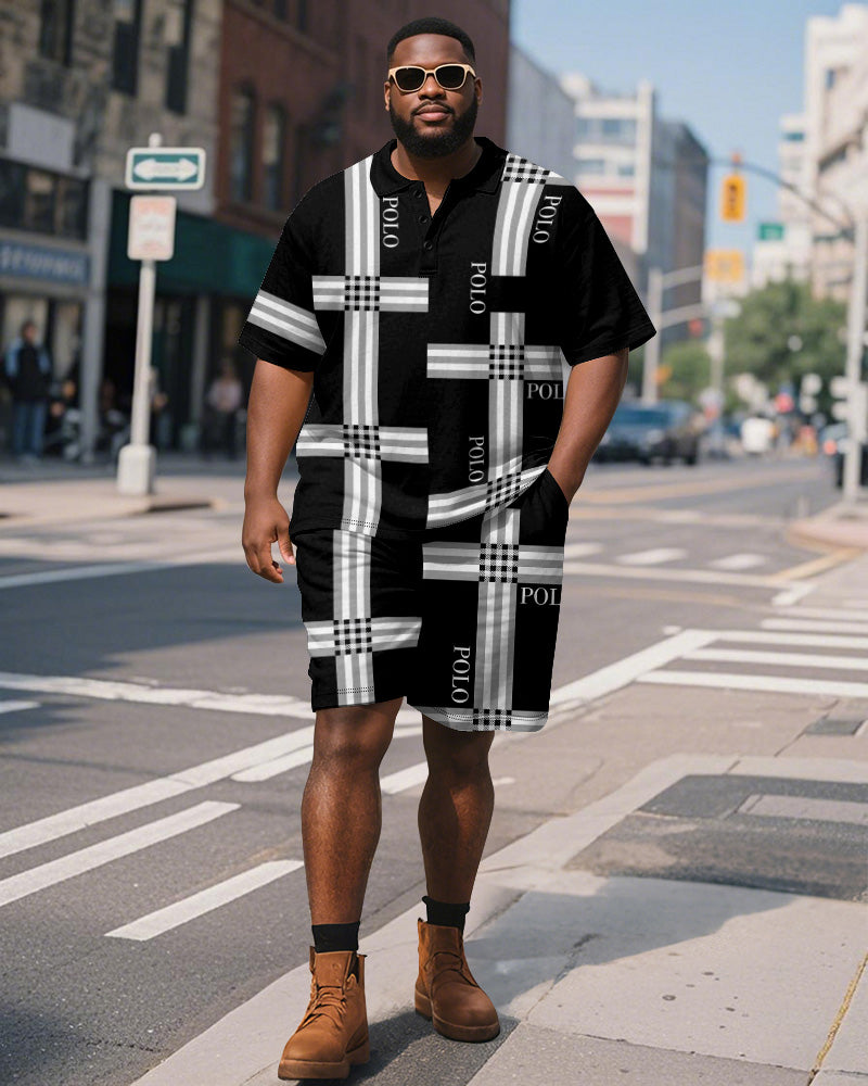 Big & Tall Black Striped Graphic Polo Shorts Set for big men view 1